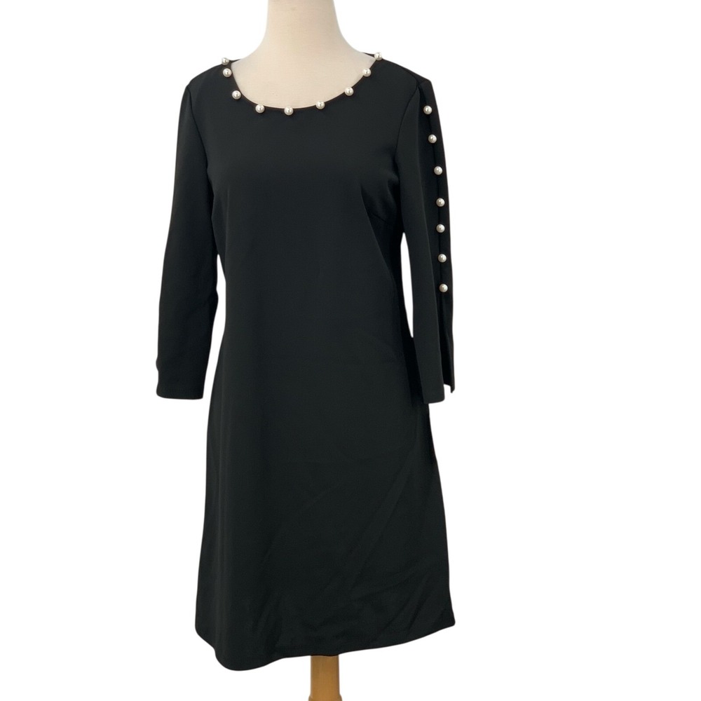 Roz & Ali Womens 3/4 Sleeve Black Dress Faux Pearl Neckline/Sleeve Detail Size 4